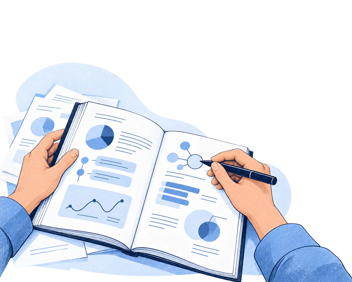 Hands reviewing an open product playbook and supporting materials.