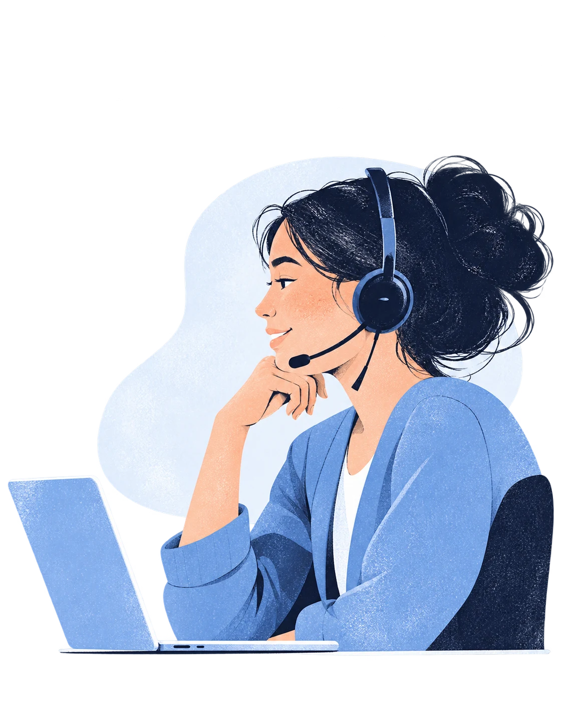 Illustration of a new hire practicing a customer conversation at her laptop.