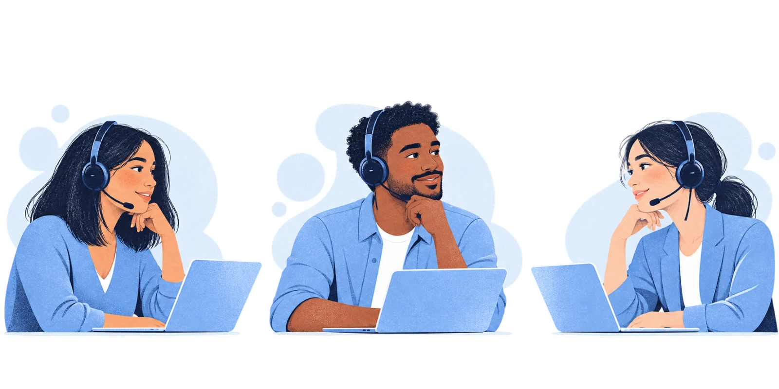 Three colleagues in separate workspaces practicing the same customer conversation.